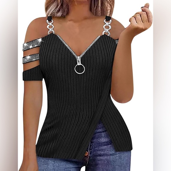 Sexy V-Neck Black Cold Shoulder Ribbed Knit Top with V Slit at Waist, size S M L - Picture 3 of 14